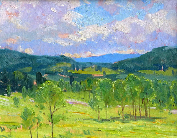 green and blue painterly painting of landscape by artist Judith Reeve