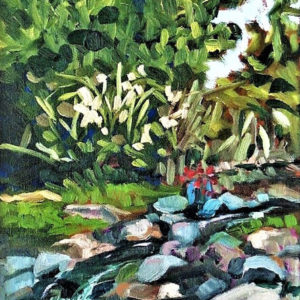 Garden and stream painting by plein air artist Tom Smith
