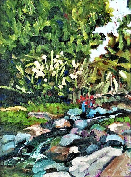 Garden and stream painting by plein air artist Tom Smith