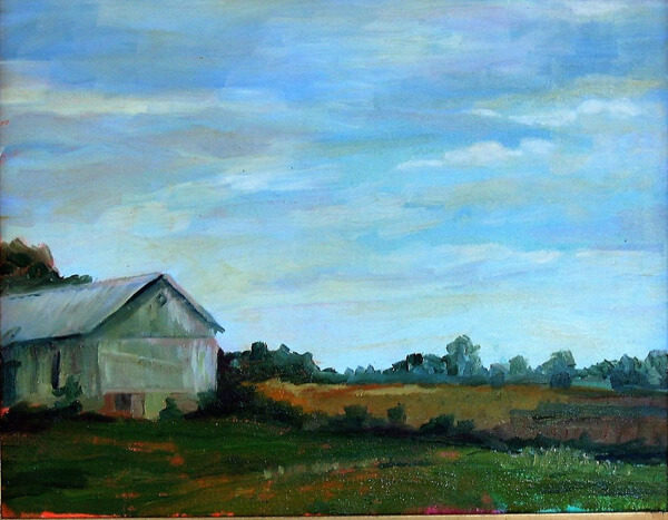 Gray Barn off to the side under a expansive blue sky by plein air artist Tom Smith
