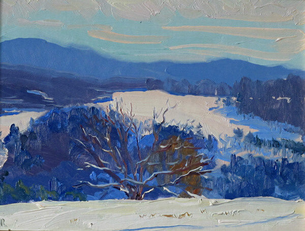 painterly painting of snow valley by artist Judith Reeve