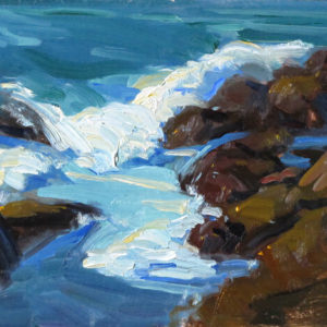 painterly painting of blue surf over dark rock by artist Judith Reeve