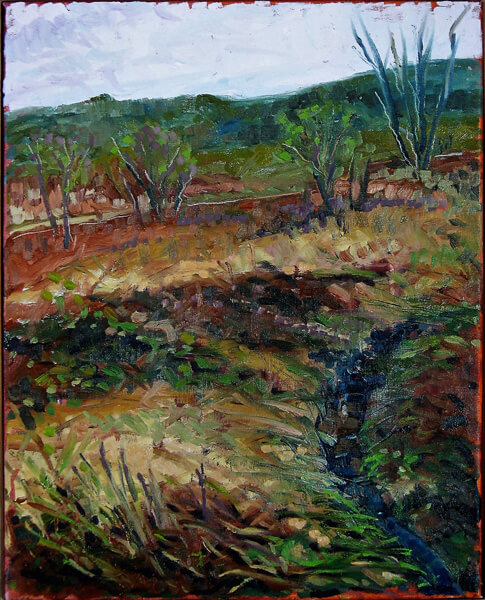 Impressionistic view of field and stream by plein air artist Tom Smith
